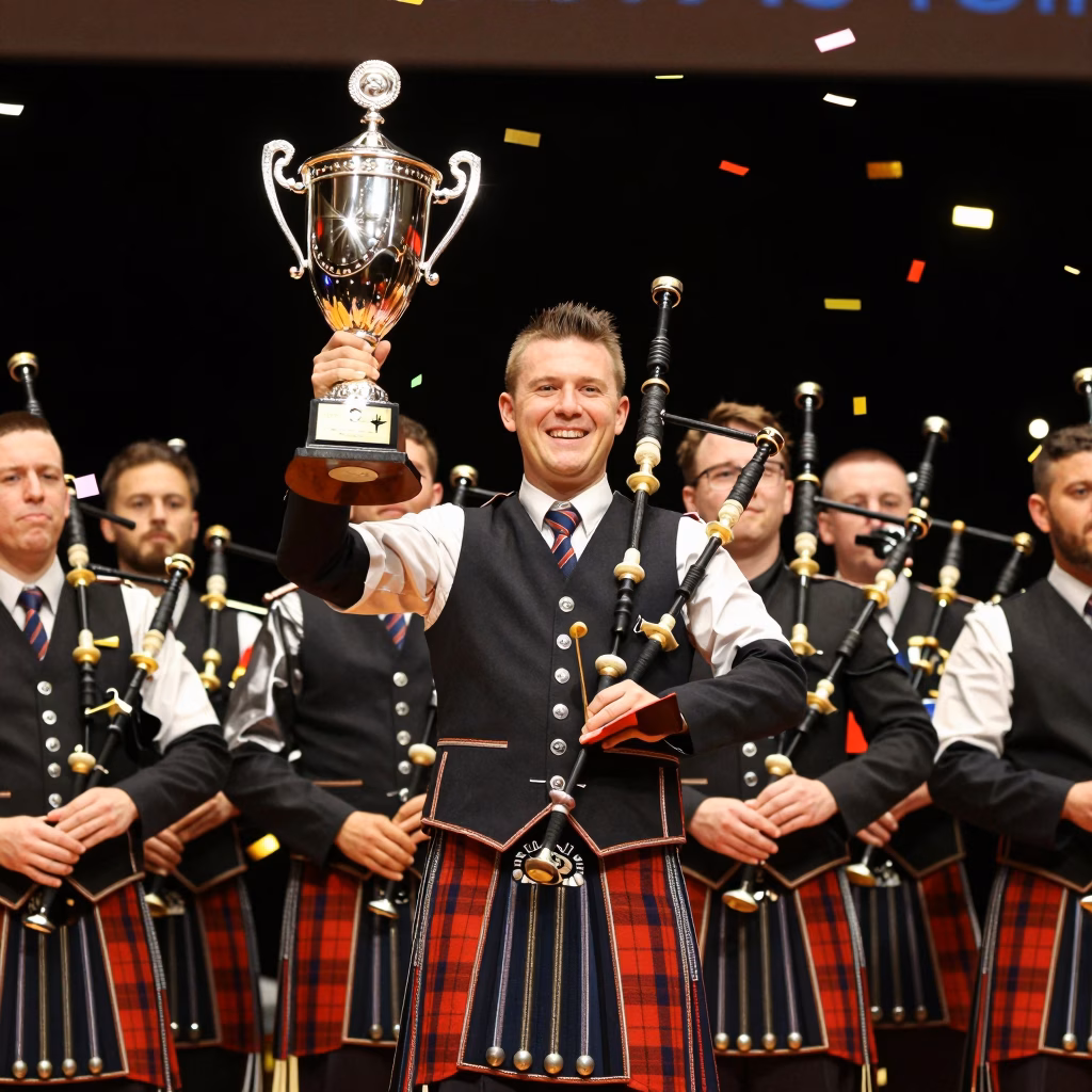 Remise du trophee aux World Pipe Band Championships, pipe major vainqueur avec le trophee