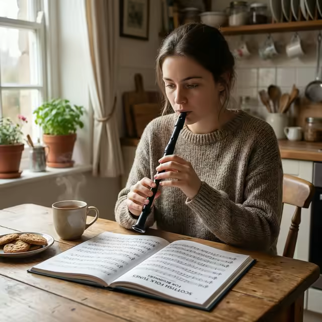 Débutant travaillant sa cornemuse sur une table de cuisine avec une méthode papier