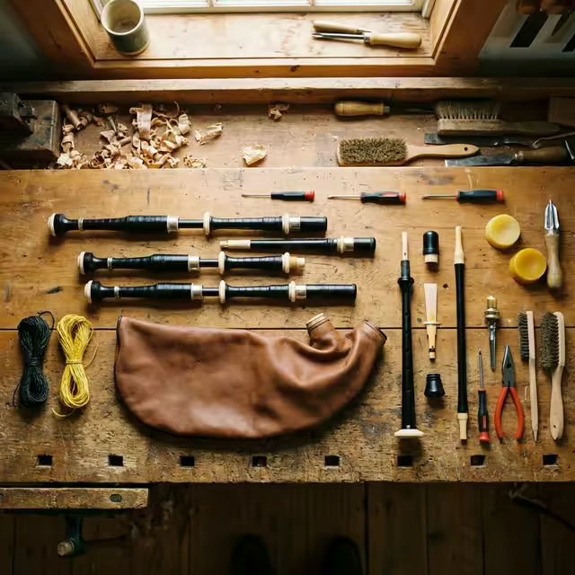 Cornemuse écossaise entièrement démontée sur un établi de luthier montrant toutes les pièces détachées