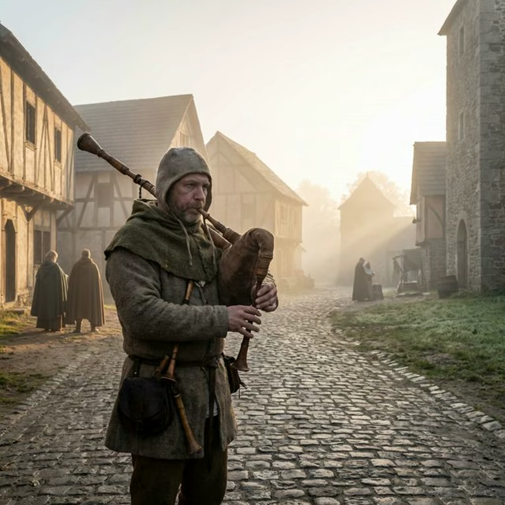 Sonneur de cornemuse médiévale jouant dans un village historique brumeux