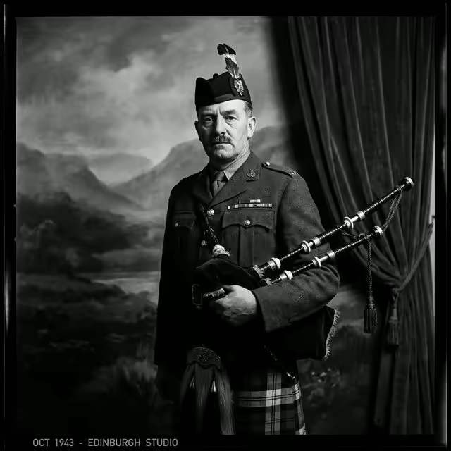 Portrait stylisé d'un Pipe Major écossais des années 40 en uniforme