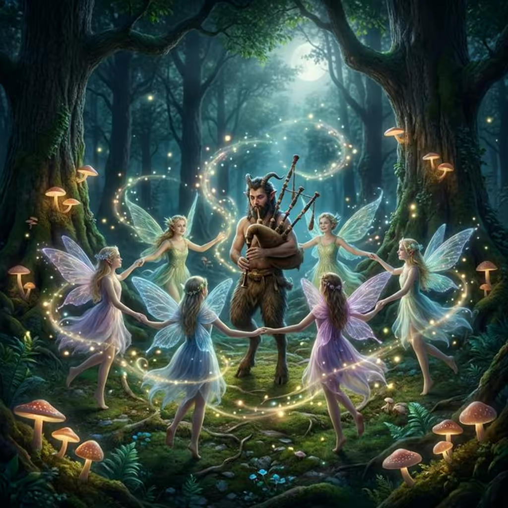 Cercle de fées dansant autour d'un joueur de cornemuse dans une forêt enchantée