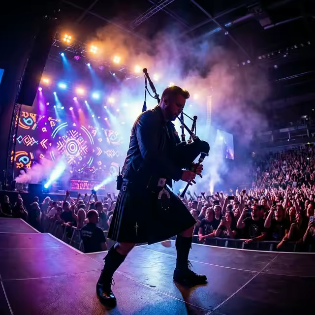 Silouhette d'un sonneur de cornemuse sur une scène de concert rock avec éclairages dramatiques