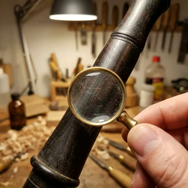 Inspection à la loupe d'une fissure sur un bourdon en ébène avec outils de luthier