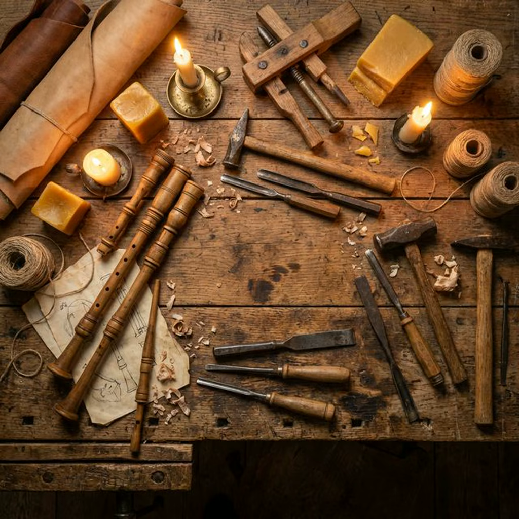 Outils et matériaux de luthier : bois, cuir, chanvre et cire
