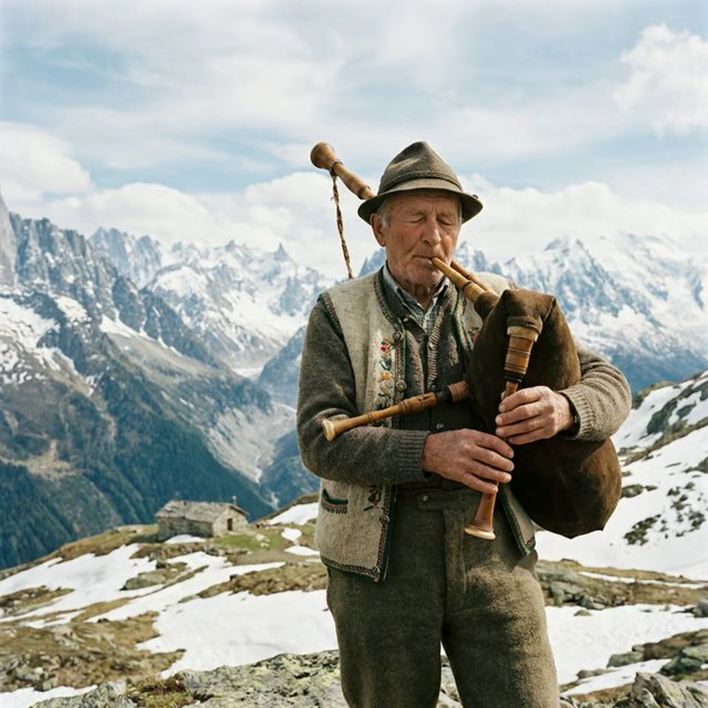 Musicien traditionnel jouant du Bock dans les alpages