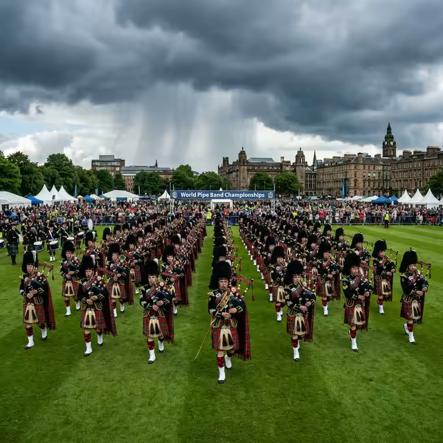 Parade massive d'un Pipe Band aux championnats du monde de Glasgow Green