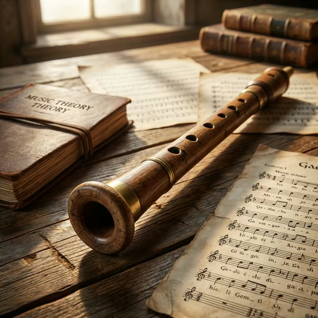 Gros plan sur un practice chanter en bois posé sur une table avec des partitions